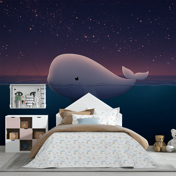 Papier peint chambre bébé | Baleine mignonne sous un ciel étoilé