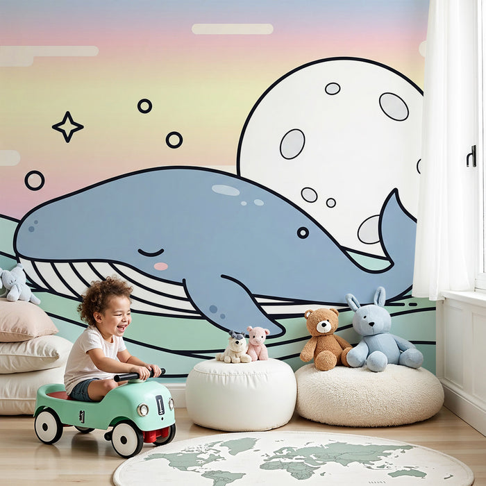 Papel de parede quarto bebê | Bonito baleia em fundo pastel com lua