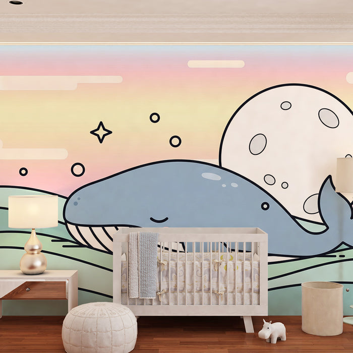 Papel de parede quarto bebê | Bonito baleia em fundo pastel com lua