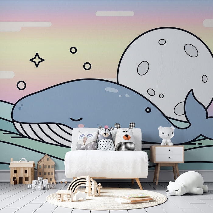 Papel de parede quarto bebê | Bonito baleia em fundo pastel com lua