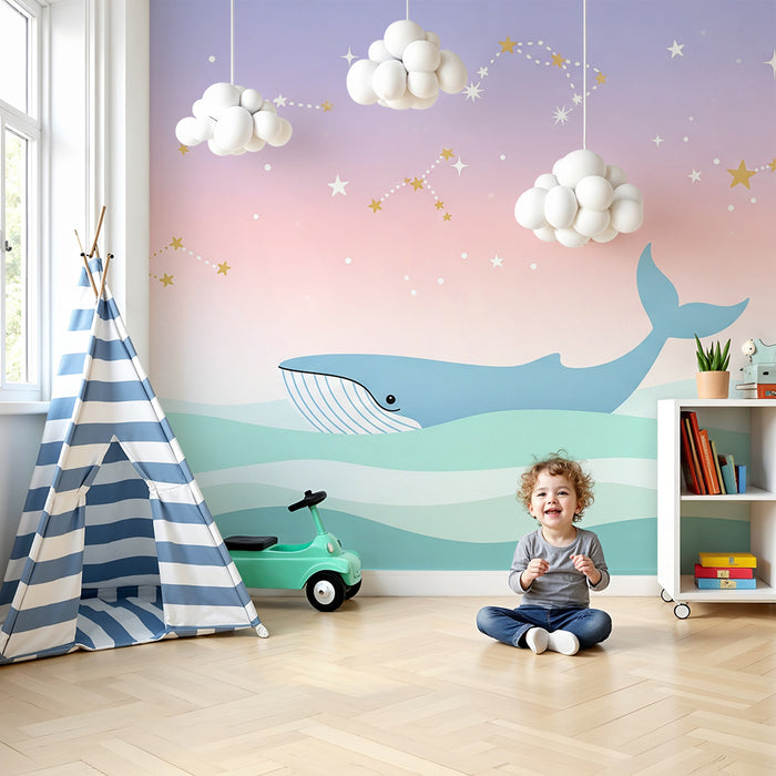Lastenhuoneen tapetti | Valas uimassa tähtitaivaan alla