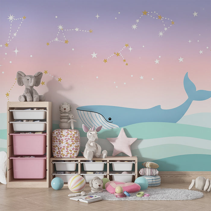 Lastenhuoneen tapetti | Valas uimassa tähtitaivaan alla