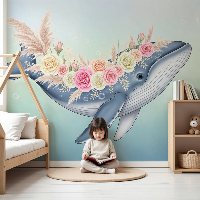 Tapeta dětského pokoje | Velryba zdobená květy a podmořskými bublinami