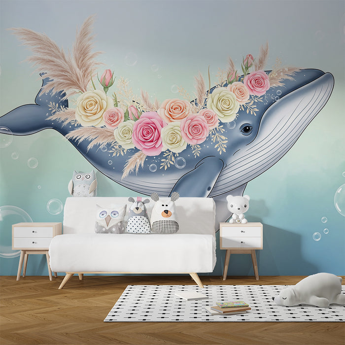 Tapeta dětského pokoje | Velryba zdobená květy a podmořskými bublinami