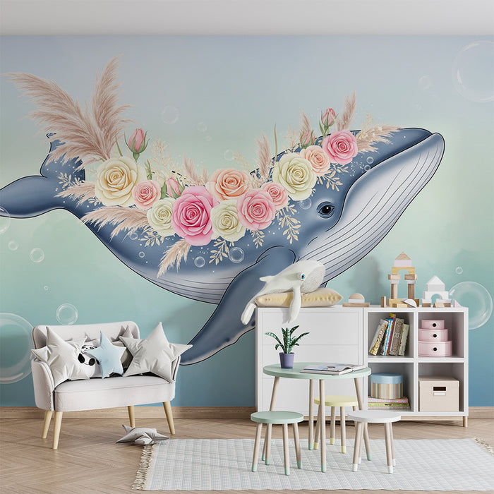 Tapeta dětského pokoje | Velryba zdobená květy a podmořskými bublinami