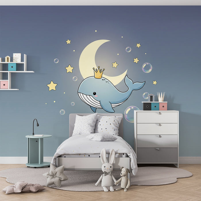 Babyzimmer Tapete | Königlicher Wal unter dem Mond mit Sternen und Blasen