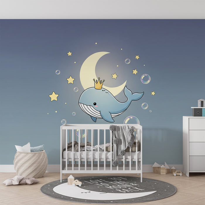 Babyzimmer Tapete | Königlicher Wal unter dem Mond mit Sternen und Blasen