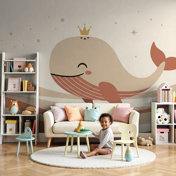 Lastenhuoneen tapetti | Hymyilevä valas kruunulla ja lempeillä aalloilla