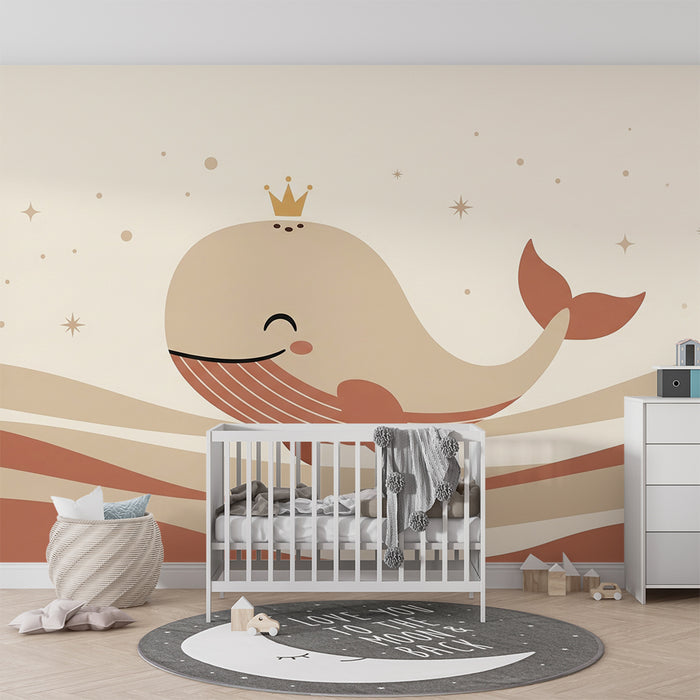 Lastenhuoneen tapetti | Hymyilevä valas kruunulla ja lempeillä aalloilla