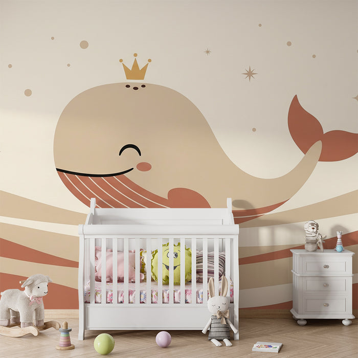 Lastenhuoneen tapetti | Hymyilevä valas kruunulla ja lempeillä aalloilla
