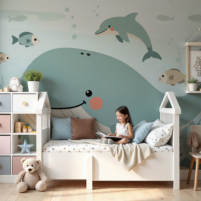Papel de parede quarto bebê | Усмихната китка и морски приятели в усмиряващ океан