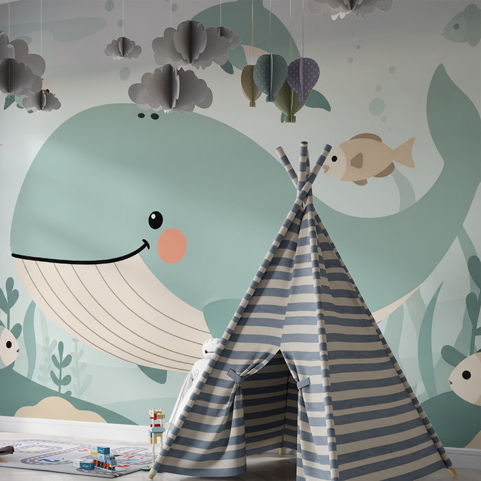 Papel de parede quarto bebê | Усмихната китка и морски приятели в усмиряващ океан