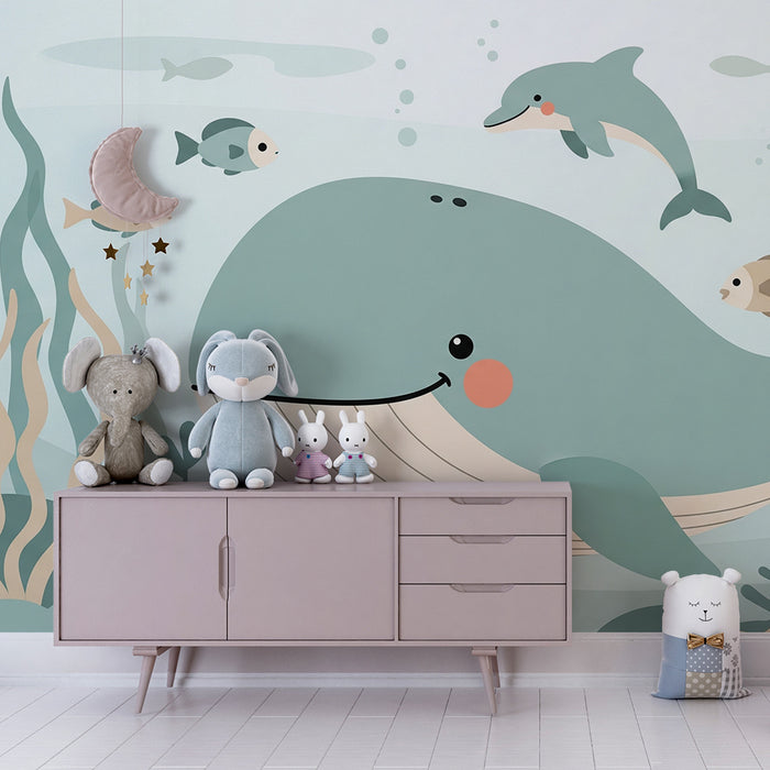 Papel de parede quarto bebê | Усмихната китка и морски приятели в усмиряващ океан