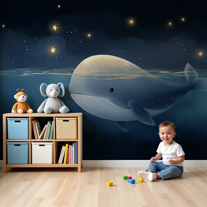 Papier peint chambre bébé | Baleine sous les étoiles dans un océan nocturne