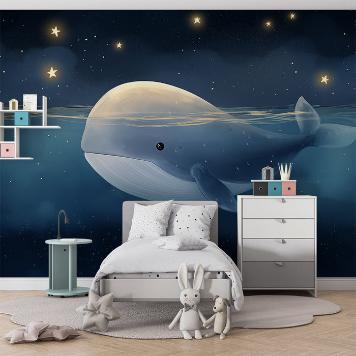 Papier peint chambre bébé | Baleine sous les étoiles dans un océan nocturne