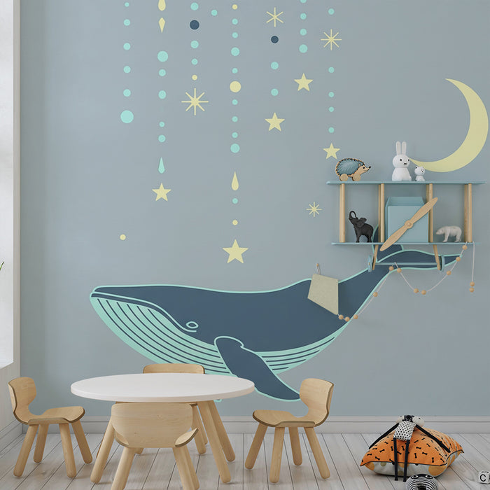 Børneværelse tapet | Hval under en stjernehimmel med måne