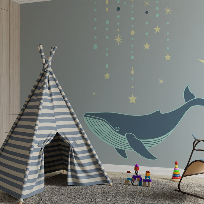 Børneværelse tapet | Hval under en stjernehimmel med måne