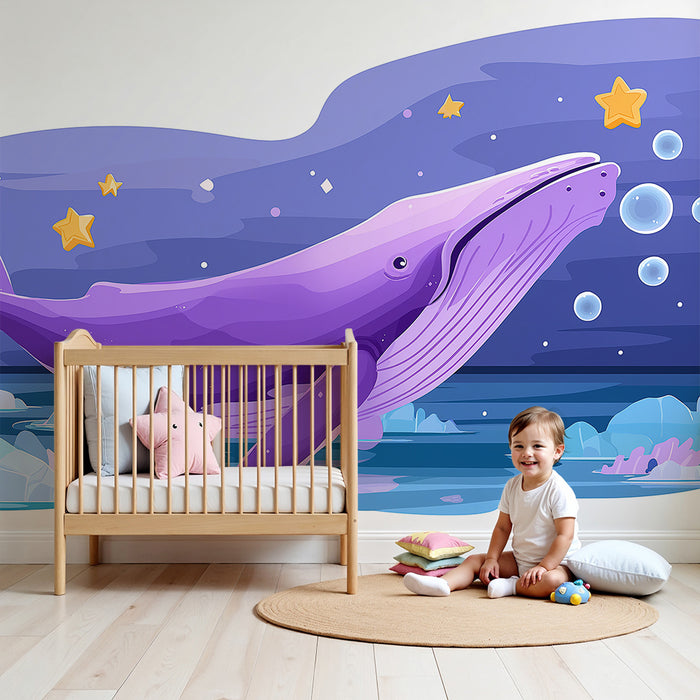 Carta da parati bambini | Balena viola sotto le stelle e bolle marine