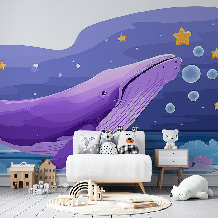 Carta da parati bambini | Balena viola sotto le stelle e bolle marine