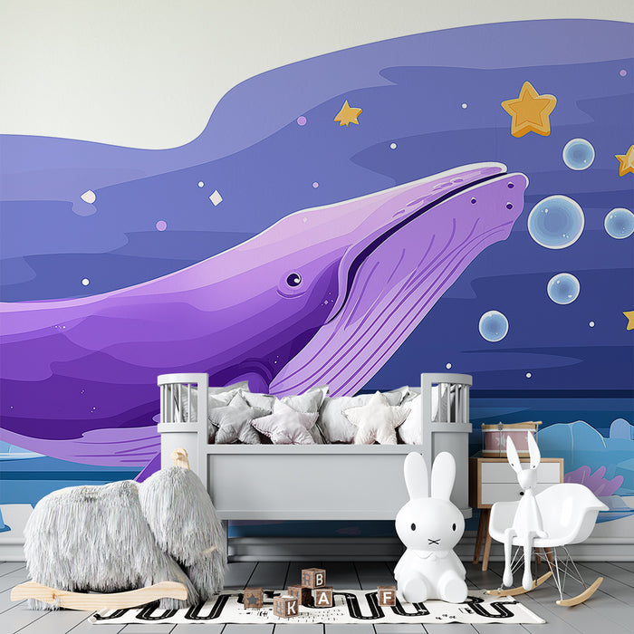 Carta da parati bambini | Balena viola sotto le stelle e bolle marine