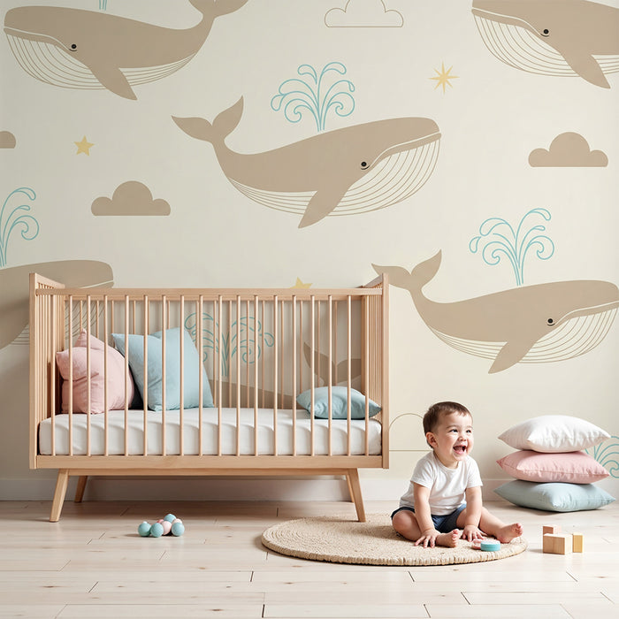 Lastenhuoneen tapetti | Hauskoja valaita ja pehmeitä pilviä vaalealla taustalla