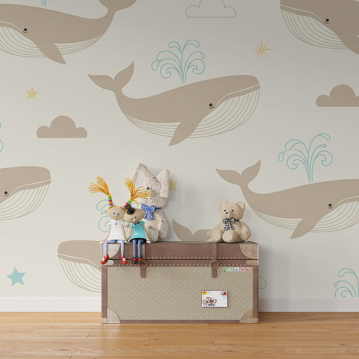 Lastenhuoneen tapetti | Hauskoja valaita ja pehmeitä pilviä vaalealla taustalla