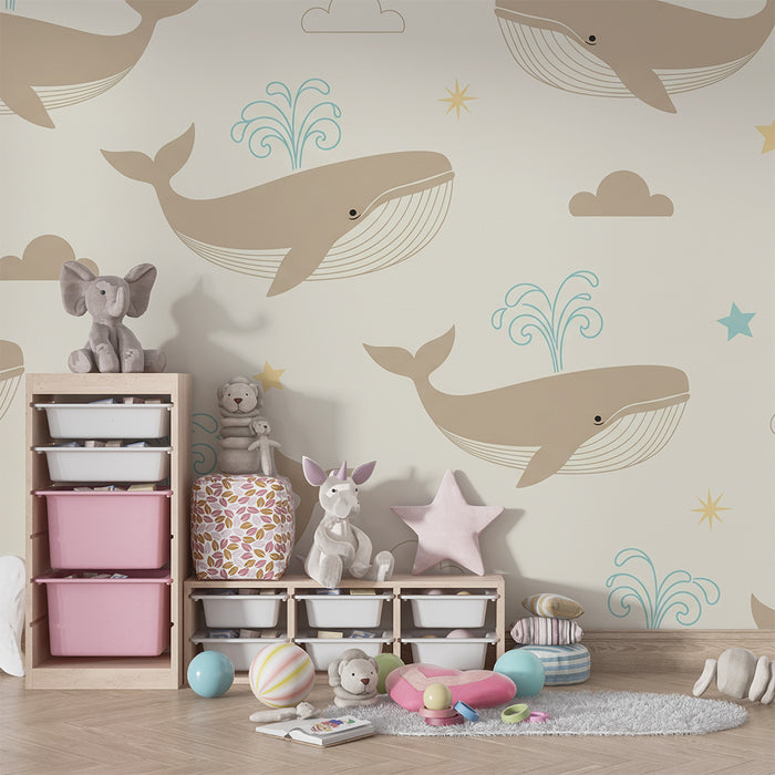 Lastenhuoneen tapetti | Hauskoja valaita ja pehmeitä pilviä vaalealla taustalla