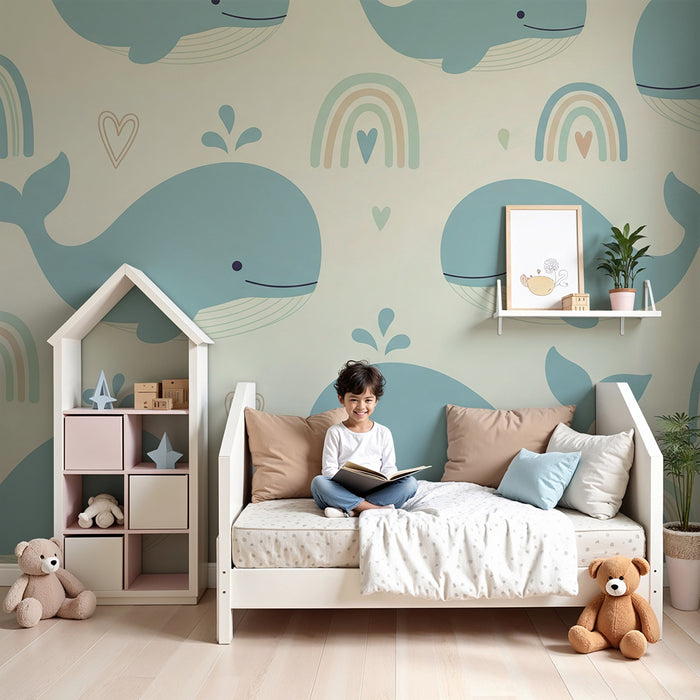 Papier peint chambre bébé | Baleines bleues et arcs-en-ciel fond beige