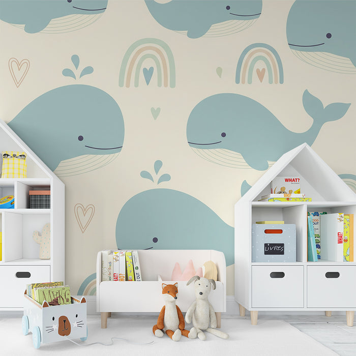 Papier peint chambre bébé | Baleines bleues et arcs-en-ciel fond beige