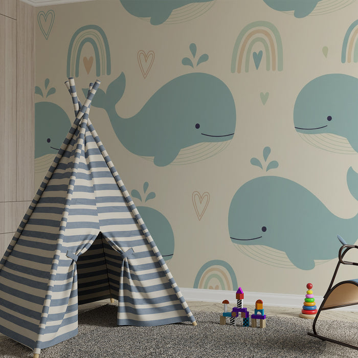 Papier peint chambre bébé | Baleines bleues et arcs-en-ciel fond beige