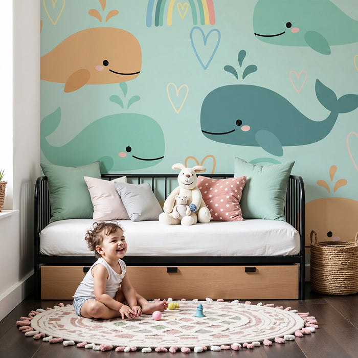 Papier peint chambre bébé | Baleines coeurs et arcs-en-ciel colorés