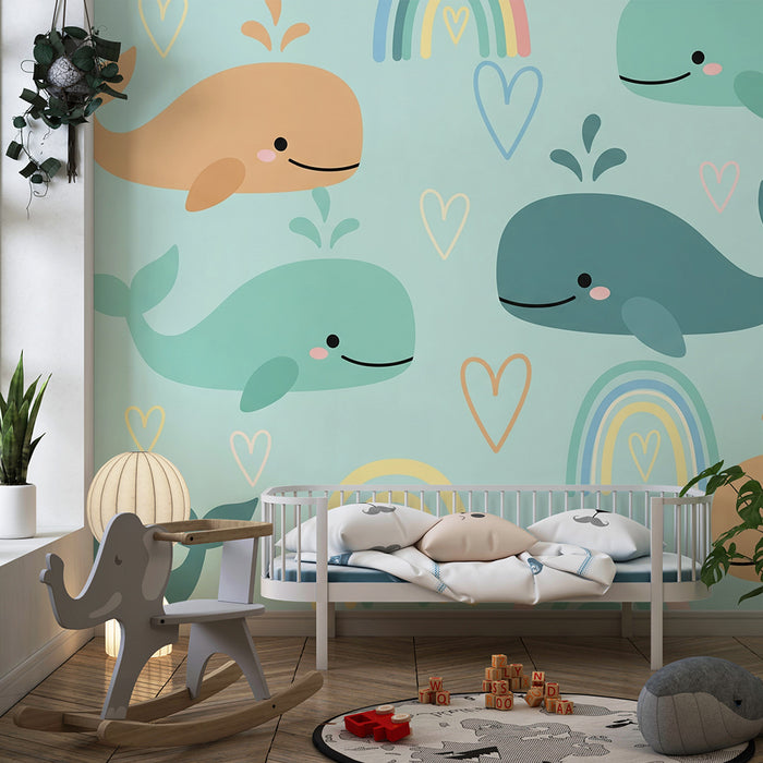 Papier peint chambre bébé | Baleines coeurs et arcs-en-ciel colorés