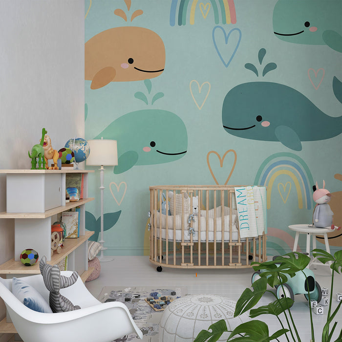 Papier peint chambre bébé | Baleines coeurs et arcs-en-ciel colorés