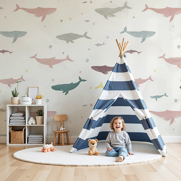 Barntapet | Färgglada valar i ett mjukt och lugnande hav