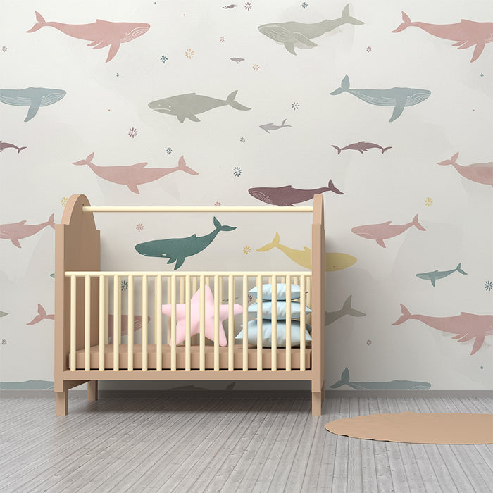 Barntapet | Färgglada valar i ett mjukt och lugnande hav