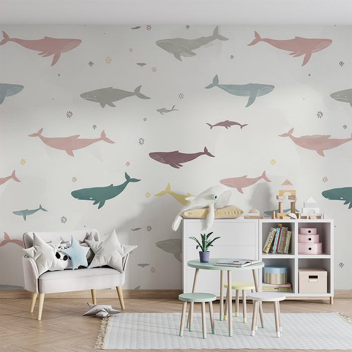 Barntapet | Färgglada valar i ett mjukt och lugnande hav