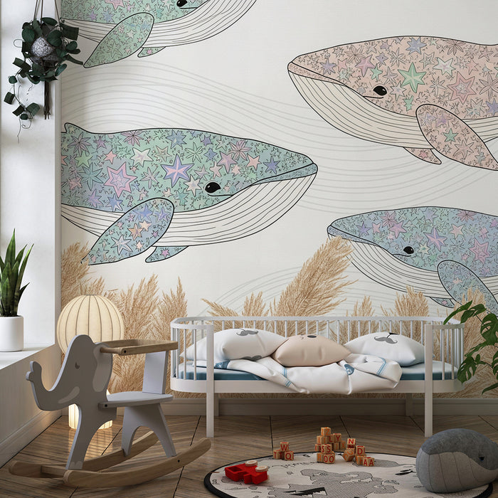 Carta da parati bambini | Balene colorate e stelle in un dolce oceano