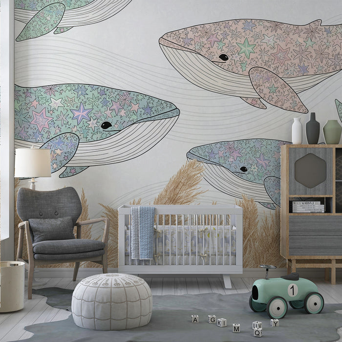 Carta da parati bambini | Balene colorate e stelle in un dolce oceano