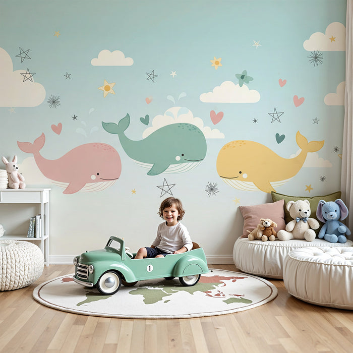 Papier peint chambre bébé | Baleines colorées et nuages doux