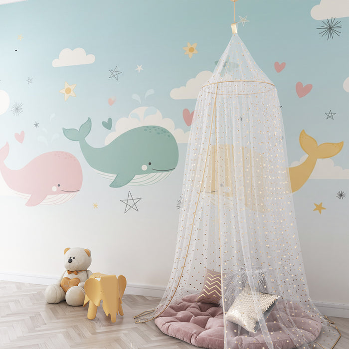 Papier peint chambre bébé | Baleines colorées et nuages doux