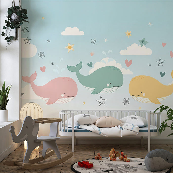 Papier peint chambre bébé | Baleines colorées et nuages doux