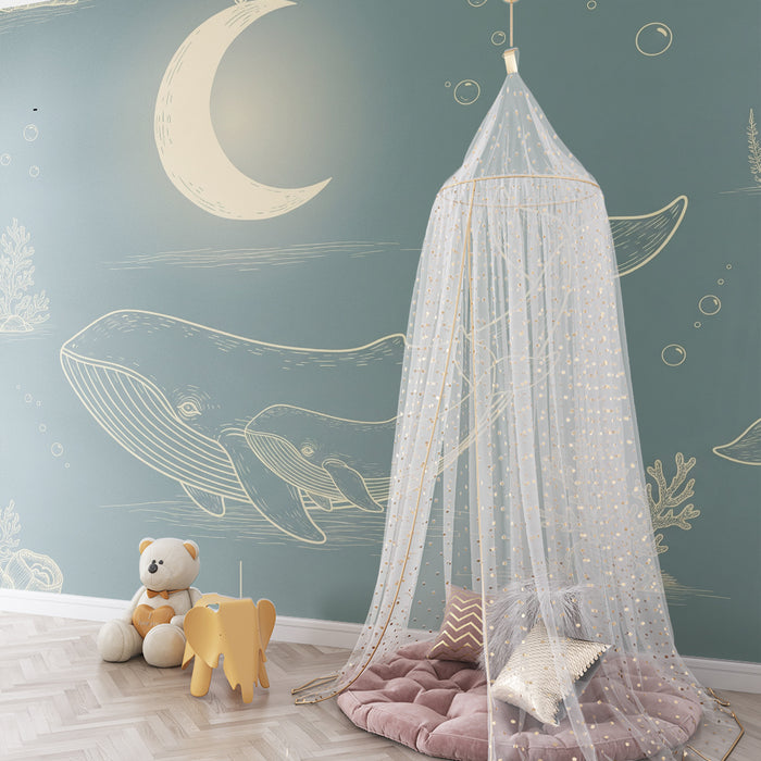 Papier peint chambre bébé | Baleines et coraux sous la lune dans un univers marin apaisant
