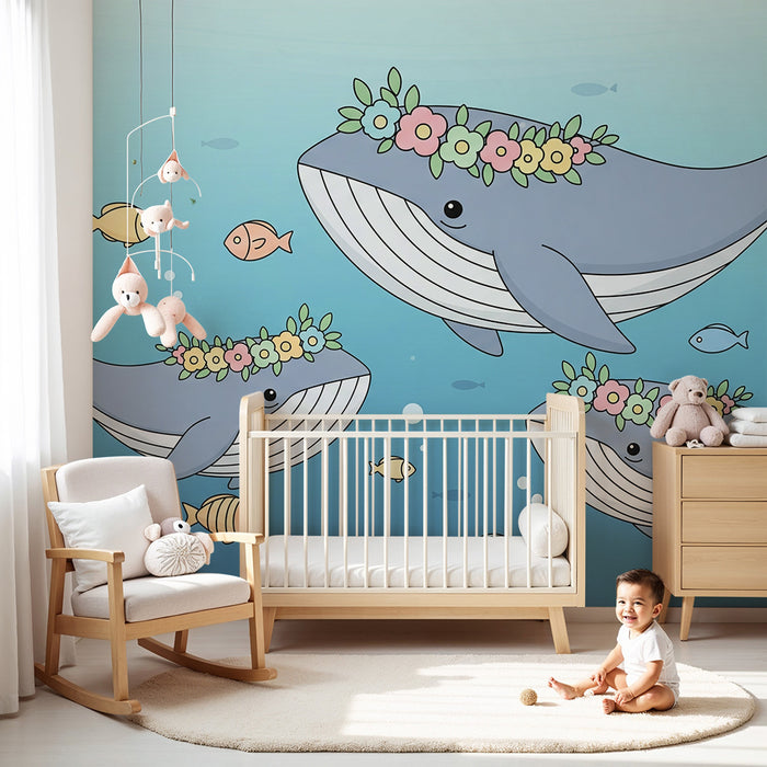 Barntapet | Glada valar med blomsterkransar i en lugn ocean