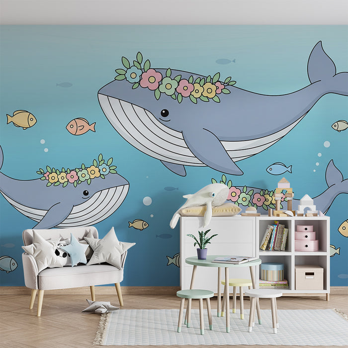 Barntapet | Glada valar med blomsterkransar i en lugn ocean