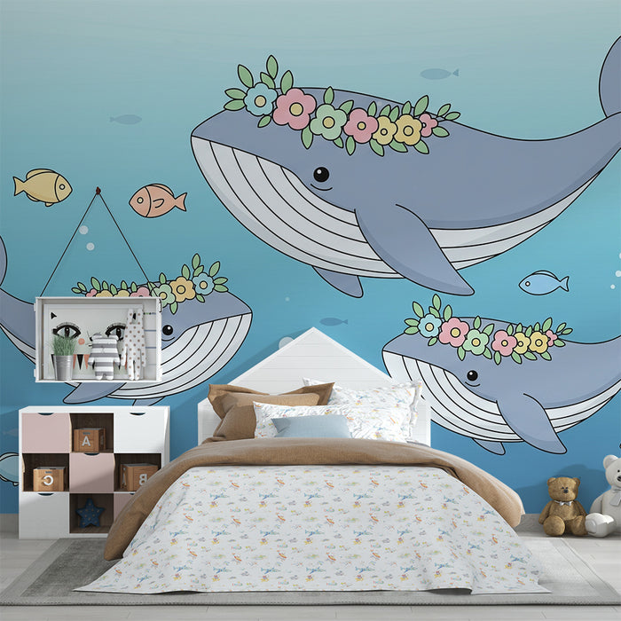 Barntapet | Glada valar med blomsterkransar i en lugn ocean