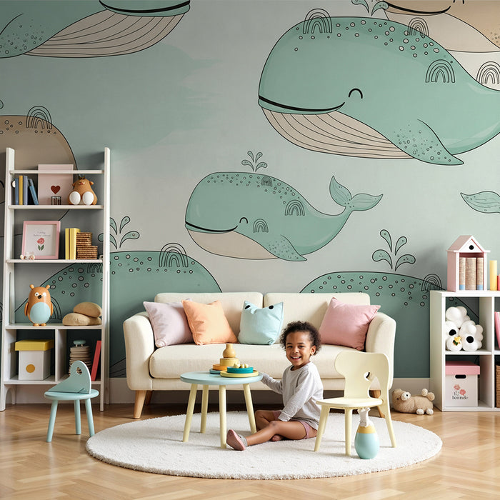 Papier de parede quarto bebê | Veselé veľryby a dúha