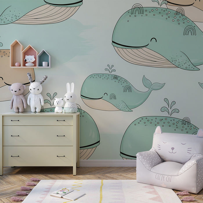 Papier de parede quarto bebê | Veselé veľryby a dúha