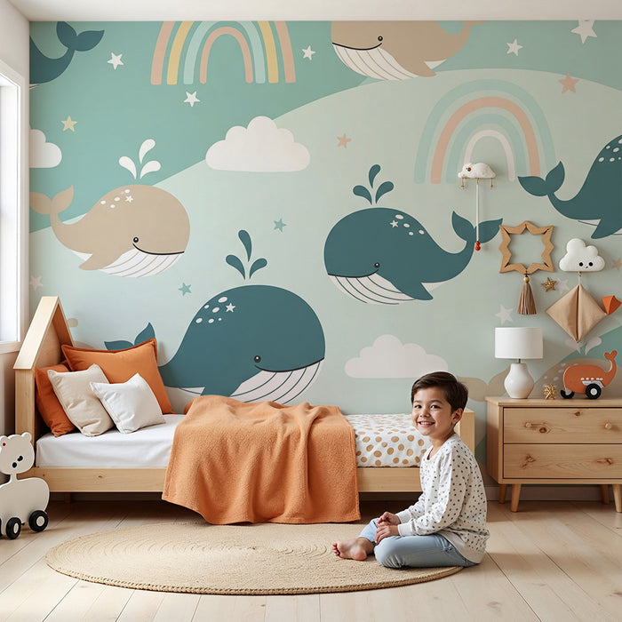 Papel de parede quarto bebê | Baleias felizes e arco-íris