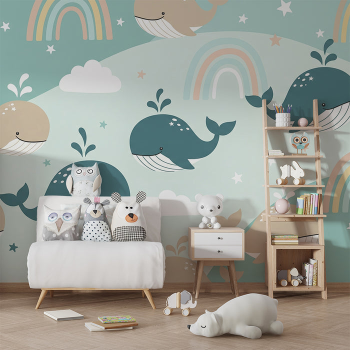 Papel de parede quarto bebê | Baleias felizes e arco-íris