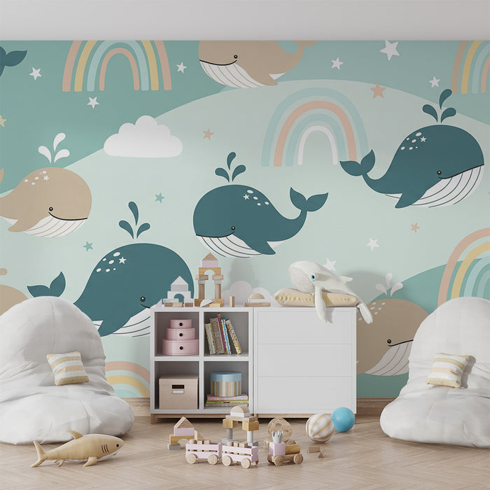 Papel de parede quarto bebê | Baleias felizes e arco-íris